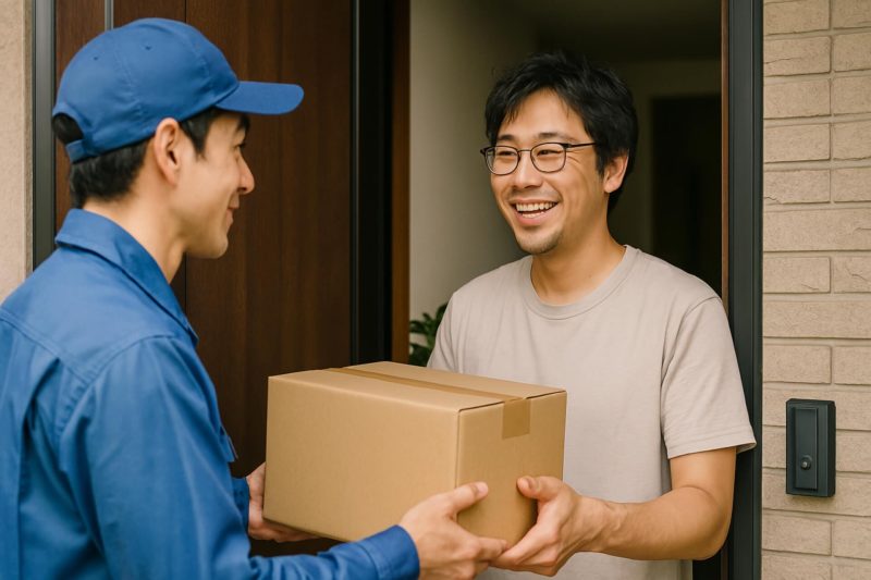 宅配業者に荷物を手渡す男性
